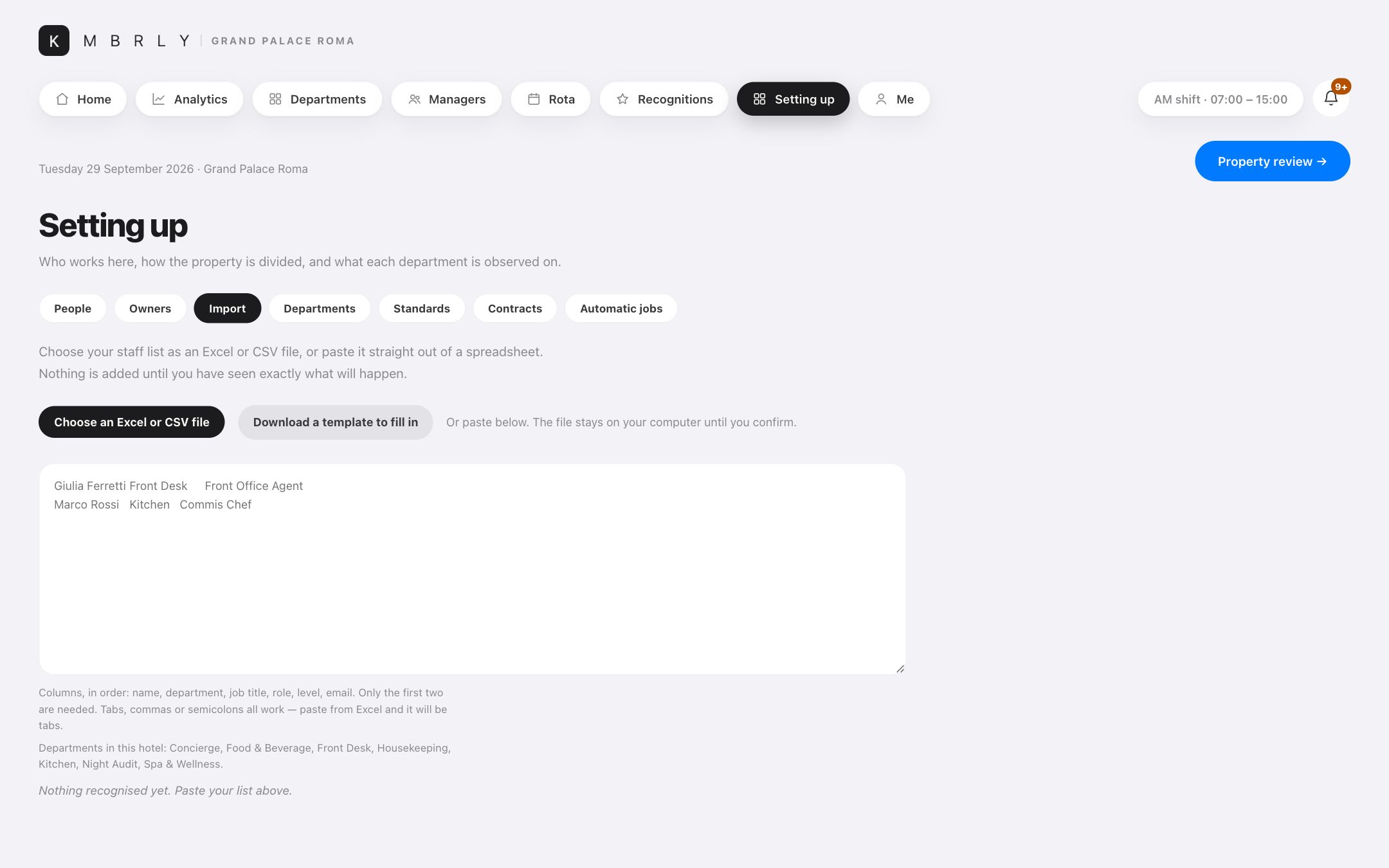Import your staff list — Paste, check, confirm